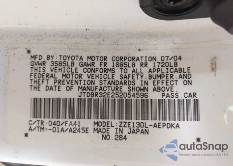 2005 Toyota Corolla Ce z USA, uszkodzony, nr VIN JTDBR32E252054596